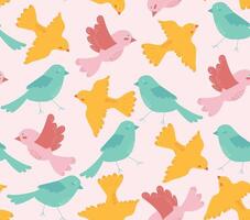 Colorful birds drawing seamless pattern in swatches. Flying birds on pink background, illustration for card, banner, poster, wallpaper. vector