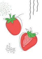 Continuous one line drawing strawberries. illustration. Black line art on white background with colorful spots and elements. Poster in minimalism concept vector