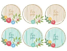 Wooden design elements set with flowers and text For You. wood board, frame, badge, label, shield, signboard collection. Brown and blue background with text. illustration. vector