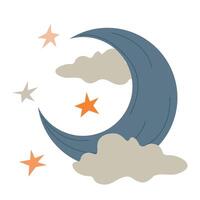 Crescent icon in minimalistic style with clouds and stars. Illustration of half moon isolated on white background. design element for project, banner, invitation. vector