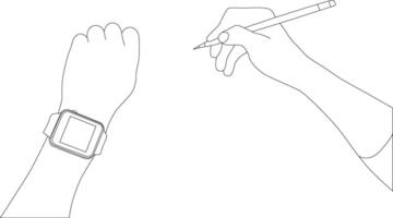 One line drawing hand holding pen with smart watch vector