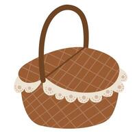 Woven Wicker Basket with Handle for Harvesting and Storage. illustration isolated on white background. Element for print, banner, card, brochure, logo. vector