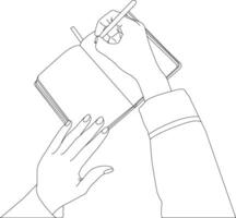 One line drawing hand holding pen with book vector