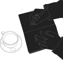 Silhouette hand holding pen with book and tea cup vector