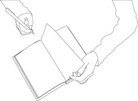 One line drawing hand holding pen with book vector