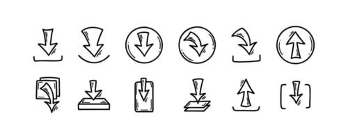 Download and upload file doodle icons set. Hand drawn sketch interface buttons. Cloud data server technology. Digital storage arrow pictogram vector