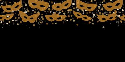 Gold carnival confetti with masquerade masks on black background, banner vector