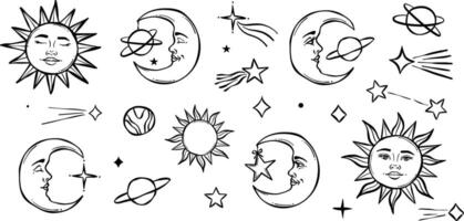 Hand drawn celestial line art elements, magical sun and moon faces, mystical clip art illsutration set, vector
