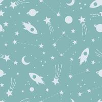 Cute galaxy pattern with rockets and stars, seamless repeating backgorund design vector