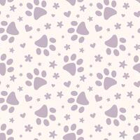 Purple paw seamless pattern with hearts and stars, adorable background for pets, repeating tile vector