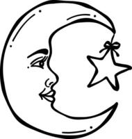 Moon with a star, hand drawn line art illustration, clip art crescent, isolated vector