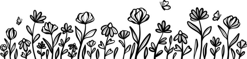 Flower doodle border, hand drawn floral banner, isolated illustrations art vector