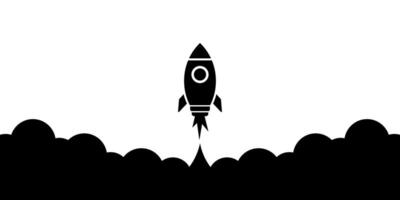 Simple flat back and white rocket startup launch design, silhouette banner, space ship background concept design vector