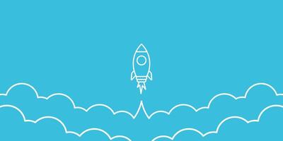 Line art rocket banner space ship and clouds background banner design vector