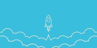 Line art rocket banner space ship and clouds background banner design vector