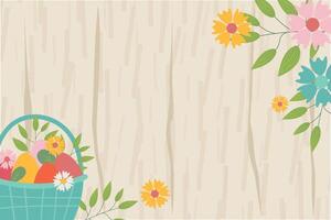 Easter background for banner, template. Trendy Easter design with flowers, basket of easter eggs, in pastel colors with wooden texture on background. Flat illustration. vector