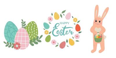 Collection of Easter elements - Easter rabbit, wreath, Easter eggs. Flat Illustration in pastel colors isolated on white background for for poster, icon, card, logo, label. vector