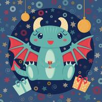 Cute little cartoon green dragon holding red gift on dark blue background. New year animal illustration. Simple illustration good for card, poster, web banner and logo. vector