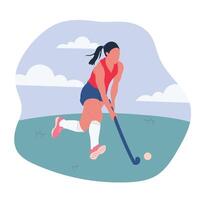 Girl playing hockey on grass. illustration isolated on white background. Hockey on grass competition. Sport concept. Cartoon design for poster, icon, card, logo, label, banner or sticker. vector