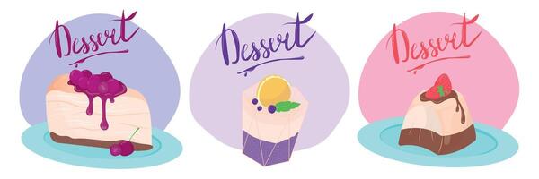 conjunto de postres tarta de queso con cereza, panna cotta en vaso con bayas y un capa de mermelada, pudín con fresa. tarjeta postal, póster, bandera. ilustración con letras para menú o volantes. vector