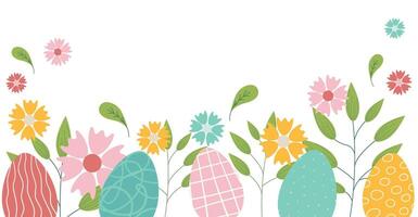 Colorful easter eggs with flowers and leaves at bottom of picture on white background. Cute hand drawn pattern design for Easter festival in illustration. vector