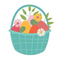 Basket full of painted Easter eggs isolated on white background. Trendy Easter design. Easter egg hunt concept. Flat illustration for poster, icon, card, logo, label. vector