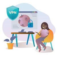 la seguridad cibernética y virtual privado red concepto. persona utilizando vpn para computadora con vpn signo. los usuarios proteger personal datos con vpn servicio. ilustración en dibujos animados estilo. vector