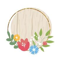 Wooden circle sign element with flowers. wood board, frame, badge, label, shield, signboard collection. Brown background for your text. illustration. vector