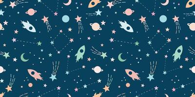 Galaxy rocket backgorund, flat illustration seamless repeat pattern with stars and planets, space wallpaper design vector