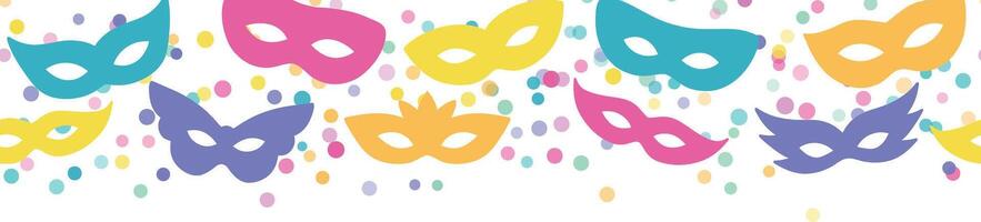 Colorful carnival confetti background, illustration with masks, repeating banner vector