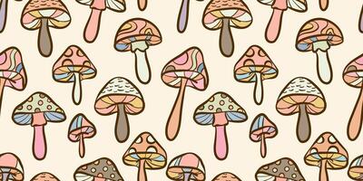 Retro groovy mushrooms seamless pattern, colorful background design vector
