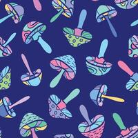 Psychedelic mushroom repeat pattern, colorful funky retro backgorund design vector