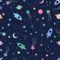 Cute galaxy pattern for kids, universe or space seamless repeating pattern, flat retro style star illustrations and rockets, wallpaper vector