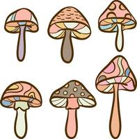 Retro psychedelic mushroom lip art set, fantasy fungi illustration collection isolated vector