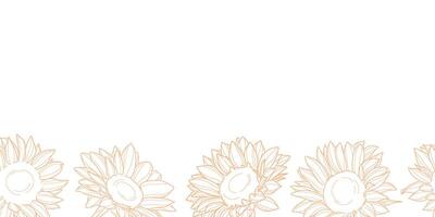 Sunflower border, seamless repeating line art floral banner design isolated vector