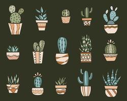 Colorful cactus and other houseplants clip art set, hand drawn silhouettes, decorative elements, isolated vector