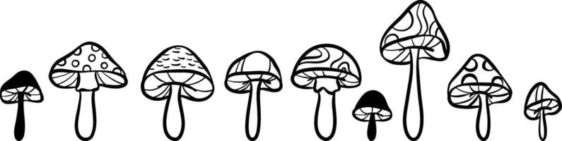 Set mushroom isolated on a white background line art illustration, groovy psychedelic clip art set vector