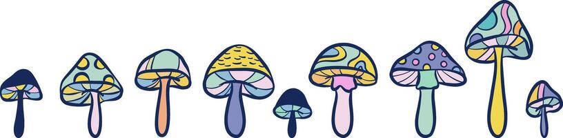 Colorful fantasy mushroom doodle, plant illustration set, vibrant retro clip art elements vector