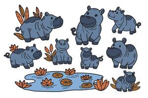 A group of cartoon hippos are sitting by a pond vector