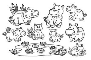 A group of cartoon hippos are sitting by a pond vector