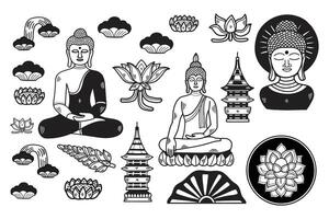 A black and white drawing of a Buddhist monk, a lotus flower, and a pagoda vector