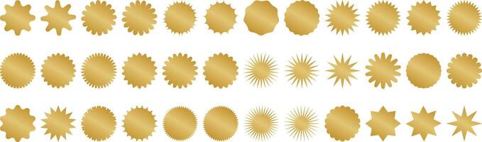 Gold starburst set, sticker shapes, sale or price tag or quality mark design, retro discount badge, sunray promotional clip art element vector