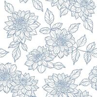 Blue vintage floral pattern, elegant dahlia flower backgorund seamless repeating tile, white wallpaper design vector