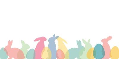 Colorful Easter bunny border, holiday celebration banner with eggs and rabbit silhouettes, festive background vector