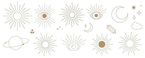 elegante celestial elementos, línea Arte ilustración conjunto rayos de sol y tercero ojo decorativo acortar Arte conjunto en oro vector