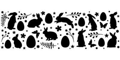 Easter banner silhouette, eggs rabbits and flowers, spring holiday background, illustration, greeting concept vector