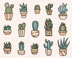 Houseplants in pots clip art illustration set, hand drawn plants, botanical doodle collection, colorful design elements vector