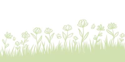 Spring flower flied border, banner with hand drawn floral illustrations, green backgorund design vector