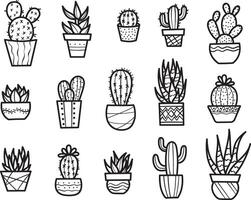 Line art houseplant doodles, hand drawn illustrations of plants in pots, cactus and succulent elements isolated on white background vector