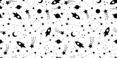 Galaxy pattern in black and white, rocket with shooting stars flat wallpaper, seamless repeating tile design vector